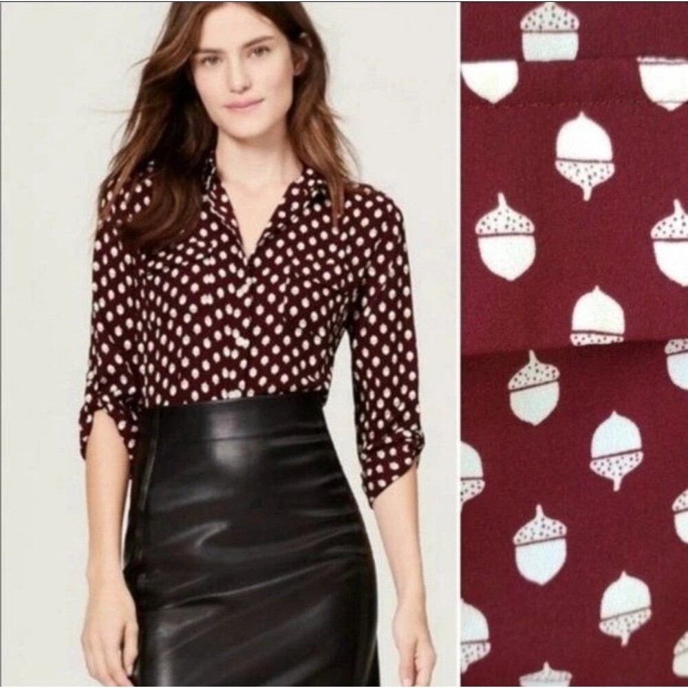 Ann Taylor LOFT Women's Maroon Acorn Button Up Blouse M